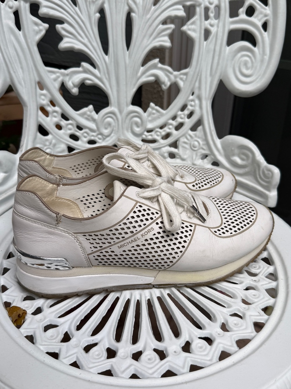 Michael Kors Cream and White Perforated Lace-Up Sneakers